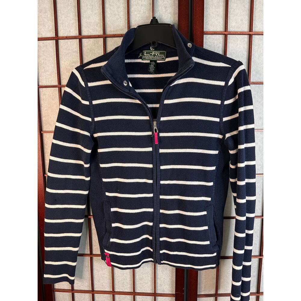 Lauren Ralph Lauren Sport navy blue and white stripe zip-front sweater size S